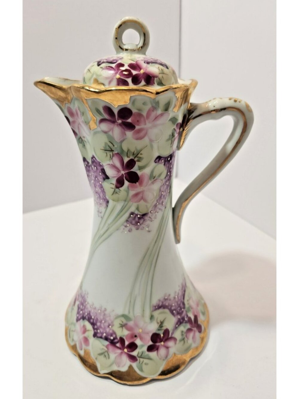 Antique Hand-Painted Porcelain Chocolate Pot Floral Pink/Purple Violets